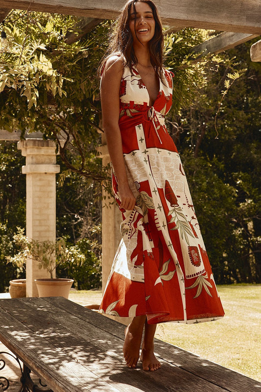 Red maxi dress with a V neckline, front view