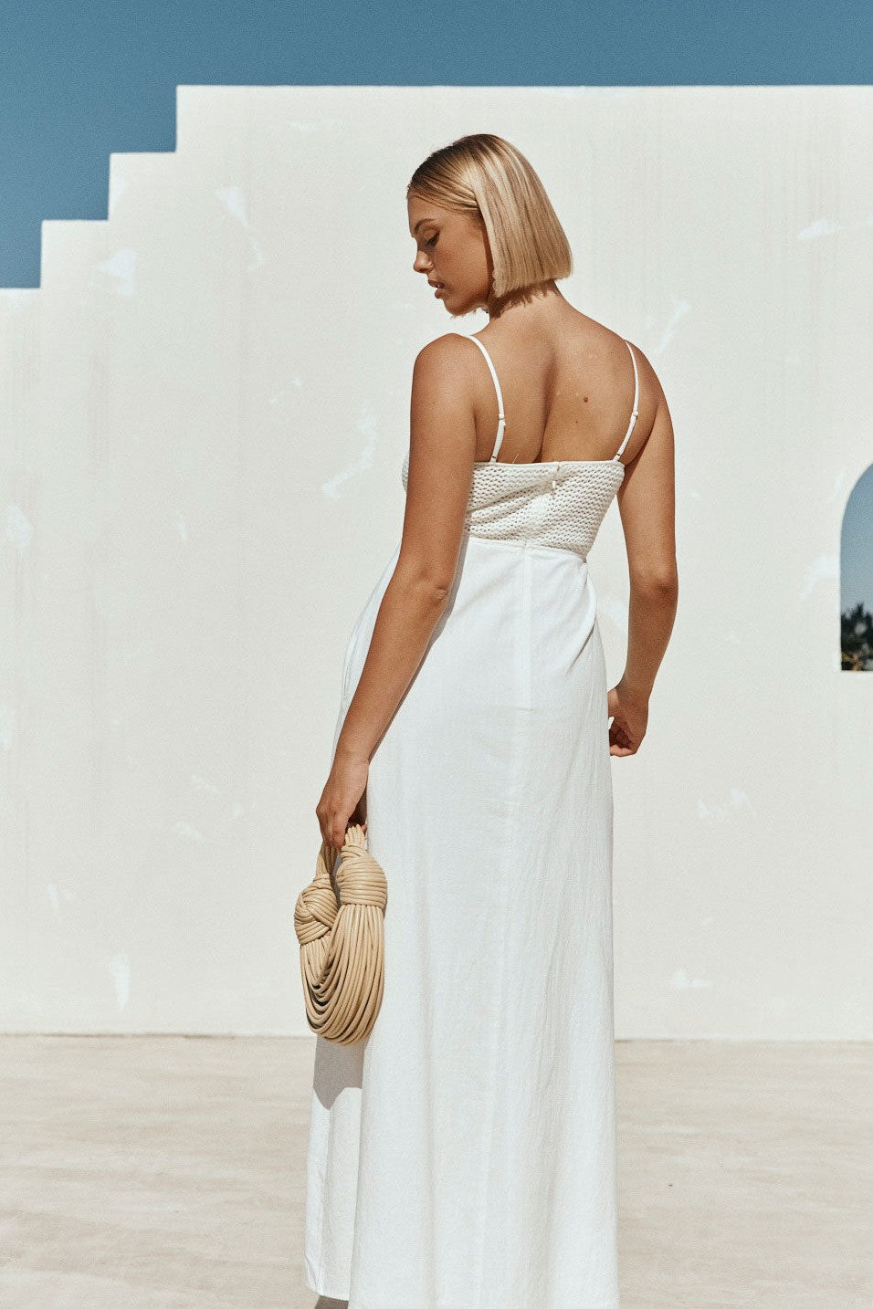 White maxi dress, styled on model