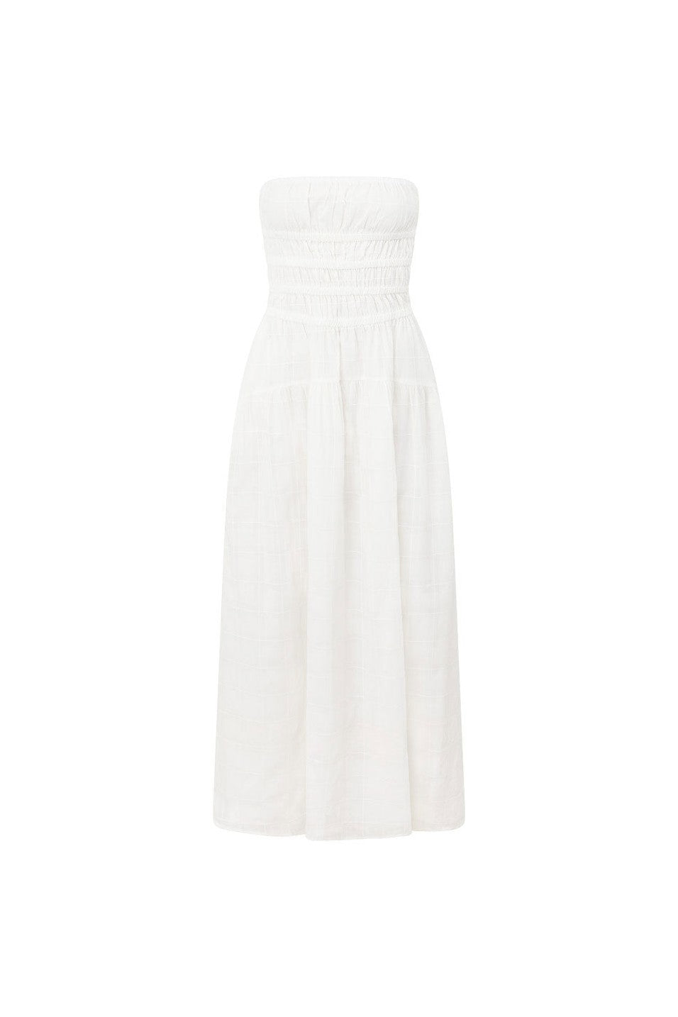 White maxi dress with a strapless neckline, side view