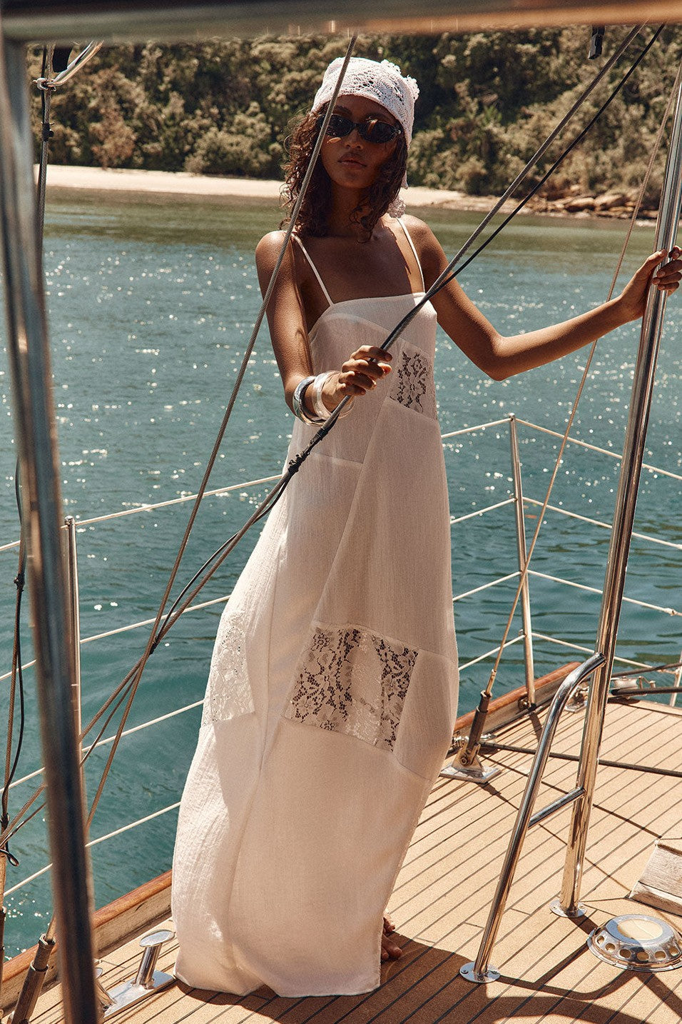 White maxi dress with lace trim, back view