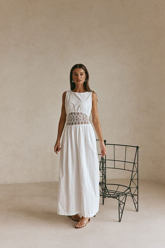 White maxi dress with a strapless neckline, front view