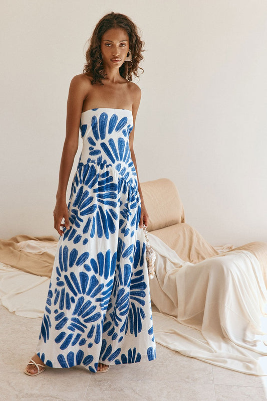 Blue maxi dress with a strapless neckline, front view