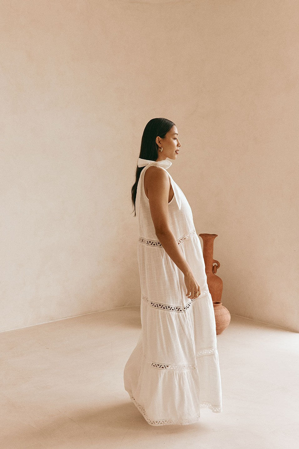 White maxi dress with lace trim, front view