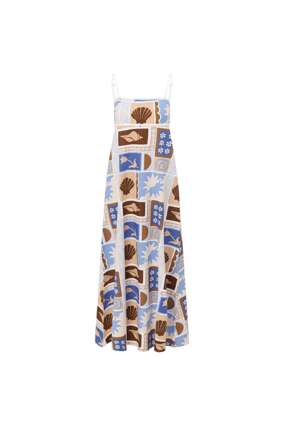 Blue maxi dress with an A-line skirt, front view