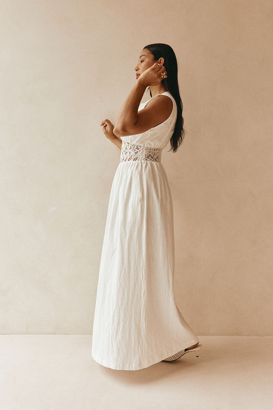 White maxi dress with a strapless neckline, front view