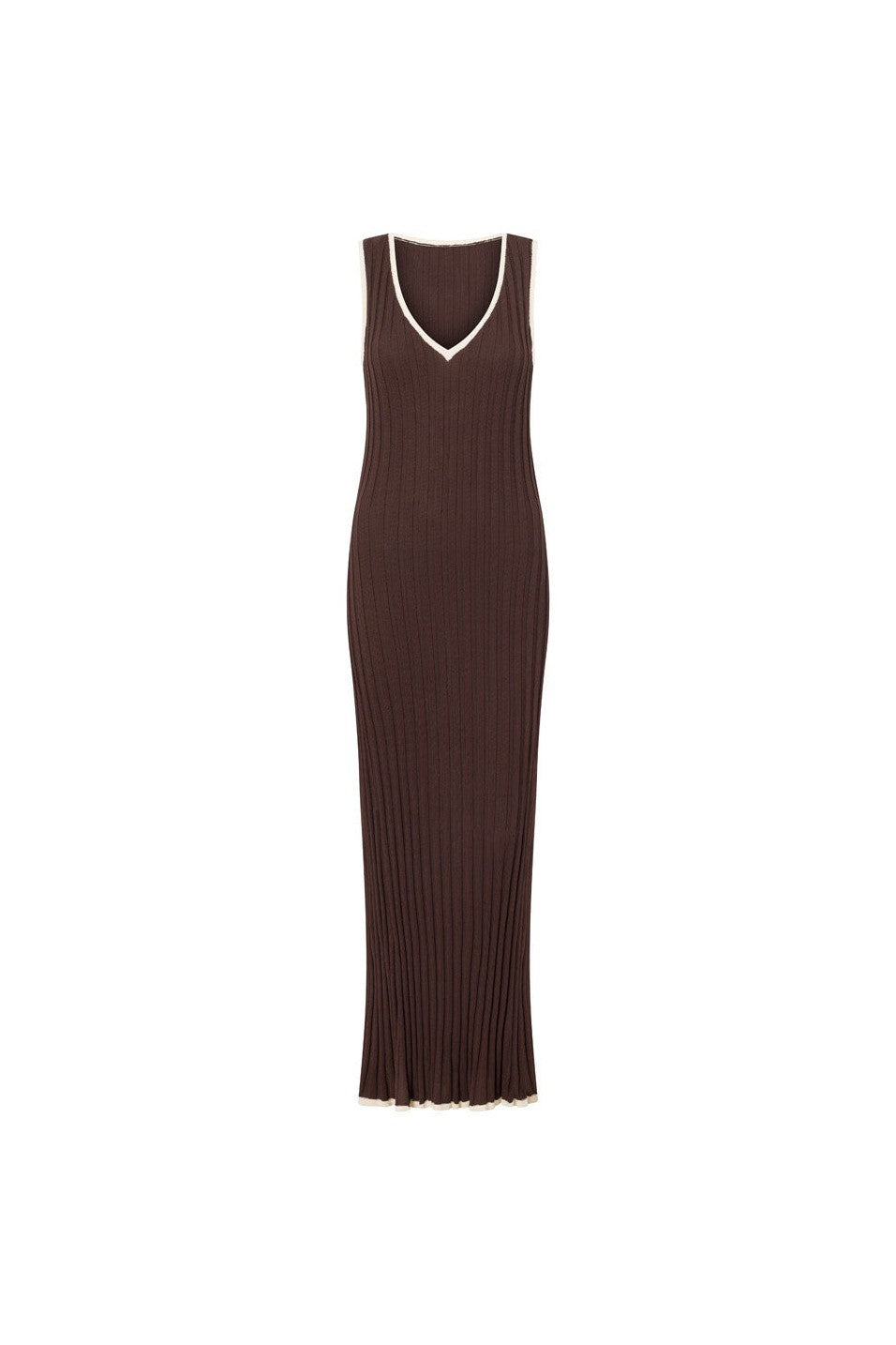 Brown maxi dress with a V neckline, front view