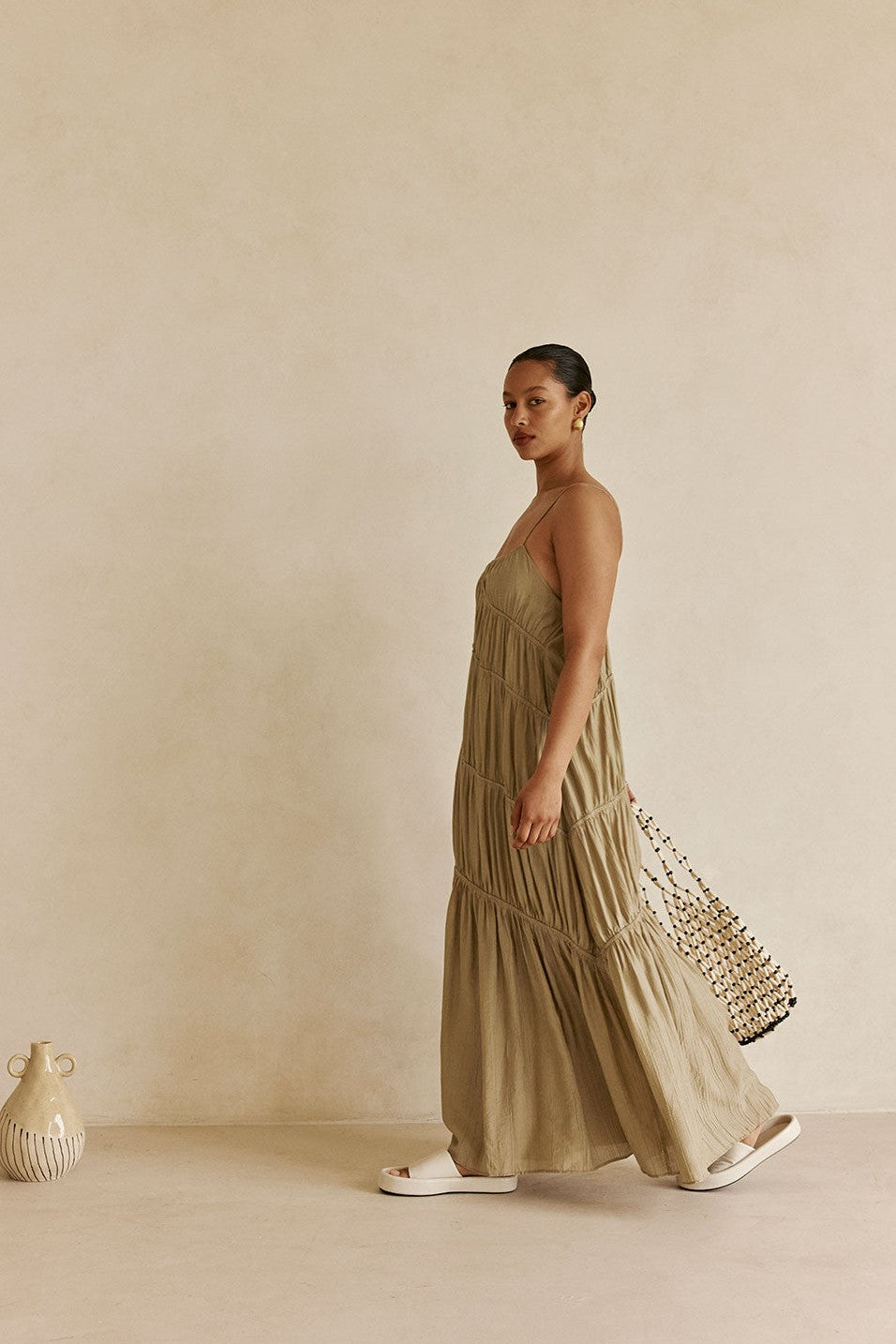 Green maxi dress with slim tie straps, detail view
