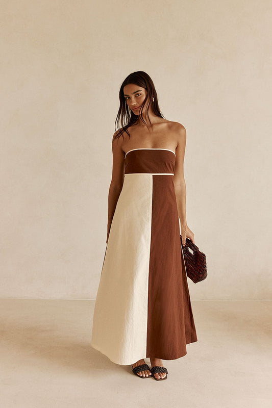 Cream maxi dress with a strapless neckline, front view