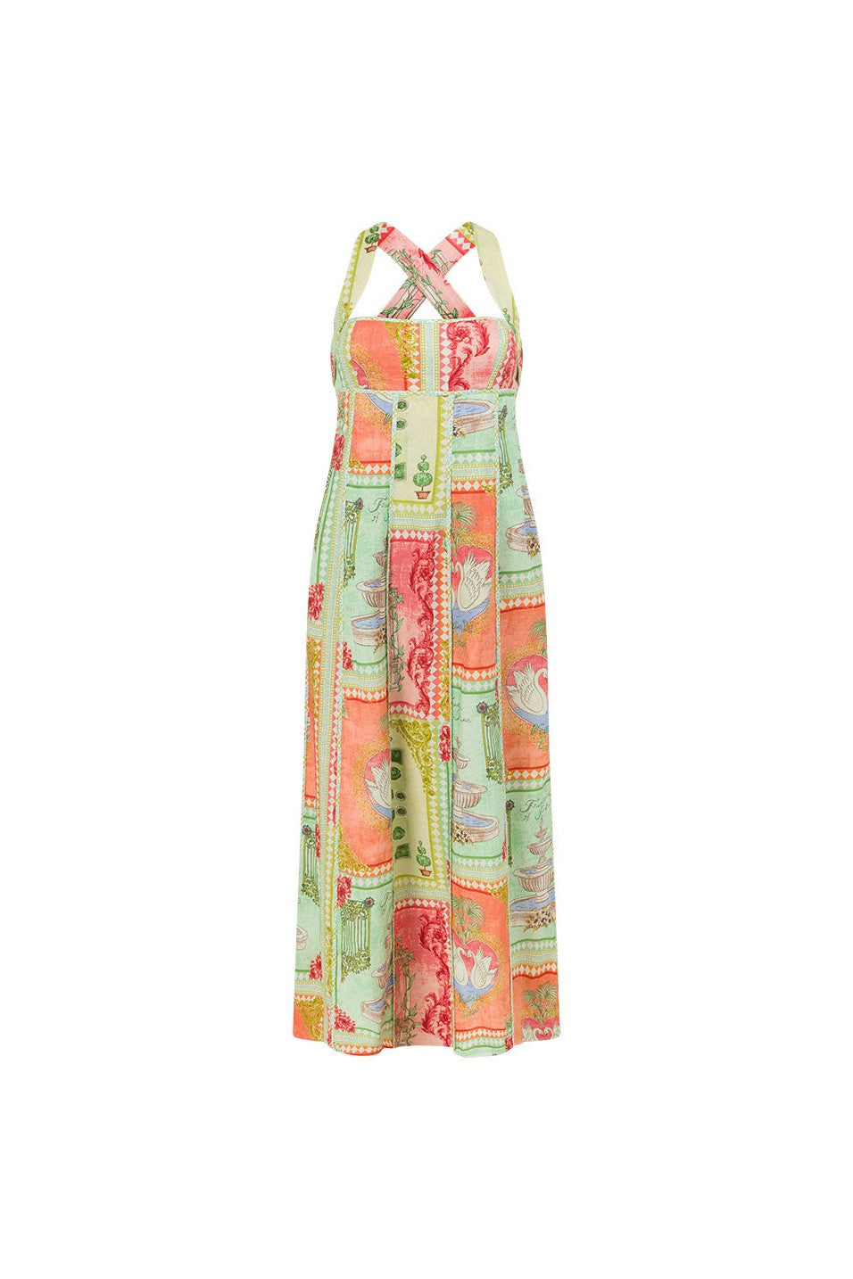Green maxi dress with a round neckline, back view