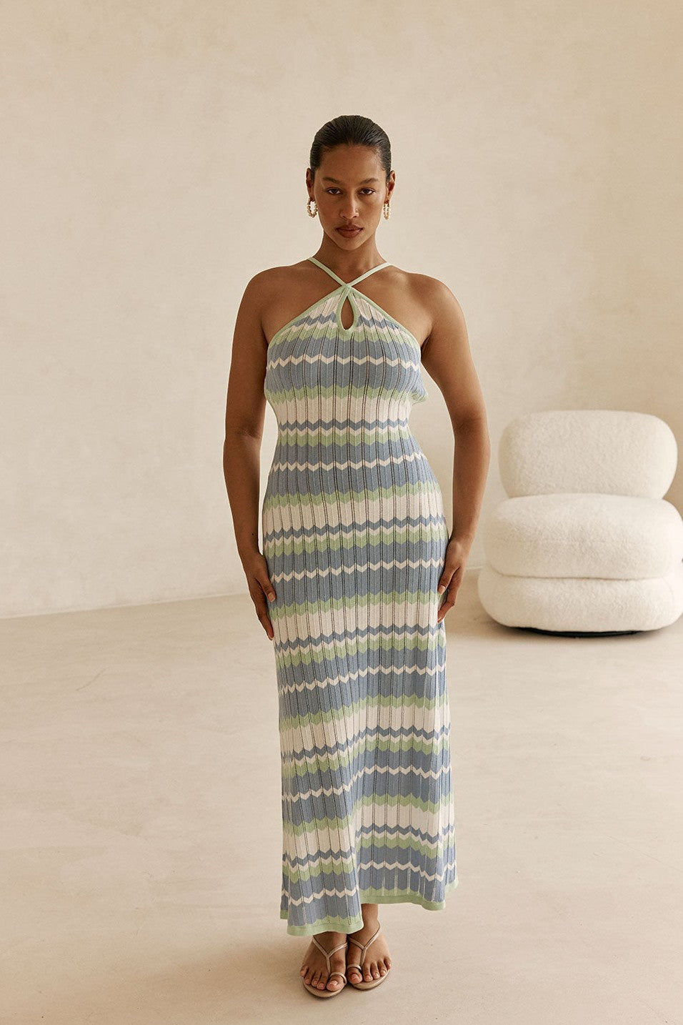 Blue maxi dress with a halter neckline, front view