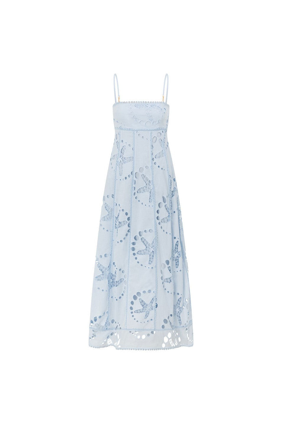 Blue maxi dress with a round neckline, detail view