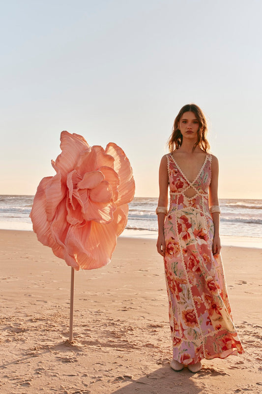 Pink maxi dress with an open back, front view