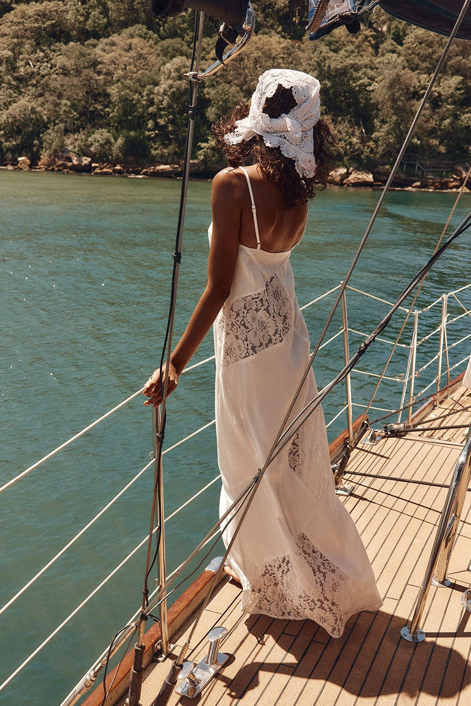 White maxi dress with lace trim, front view