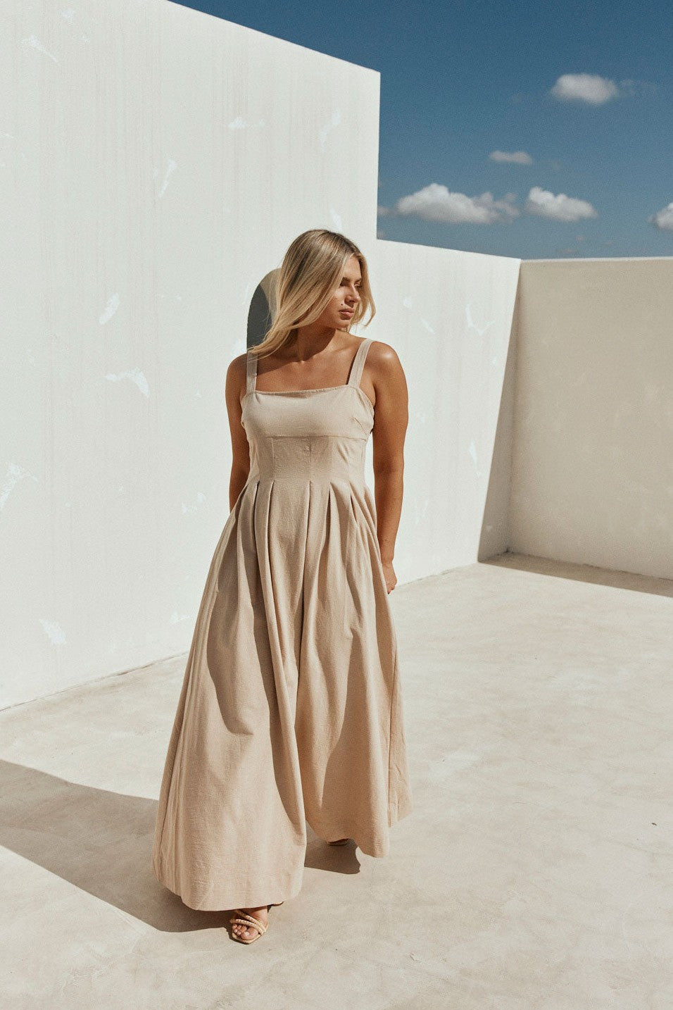 Tan maxi dress, detail view