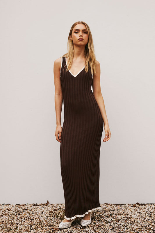 Brown maxi dress with a V neckline, front view