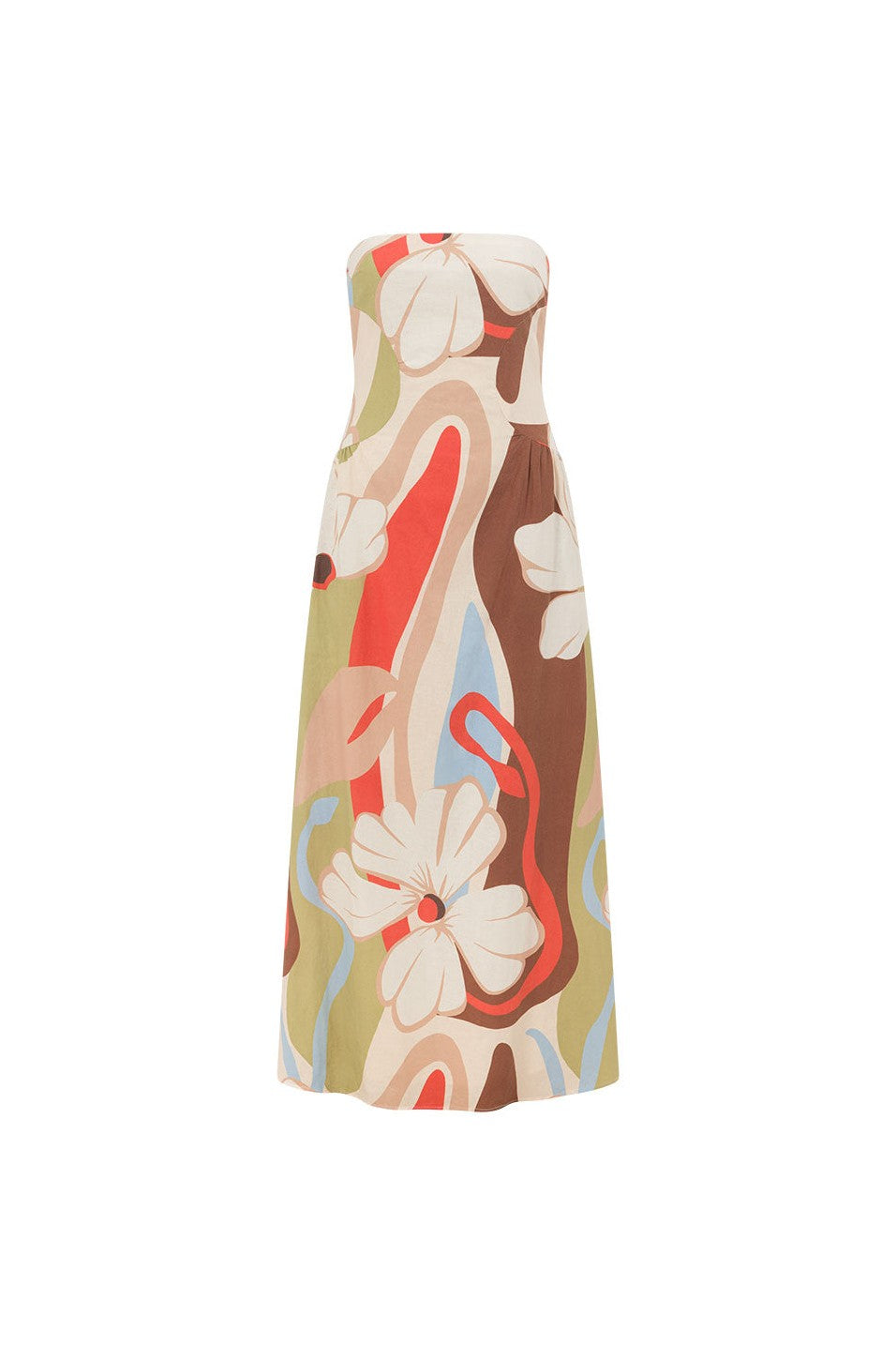 Orange maxi dress with a strapless neckline, front view