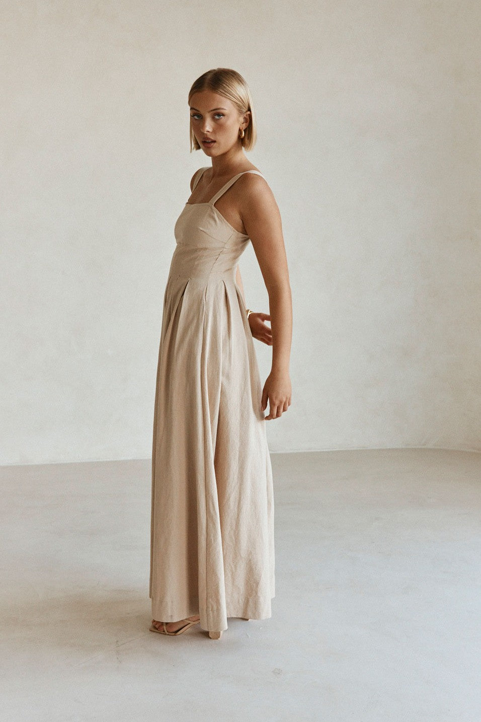 Tan maxi dress, styled on model