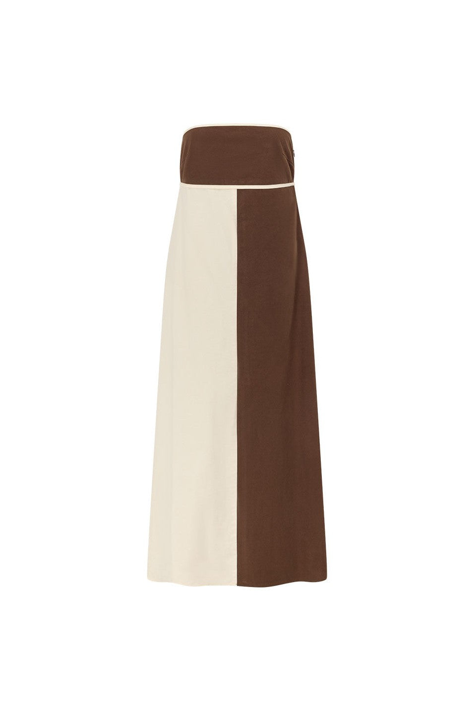 Cream maxi dress with a strapless neckline, front view