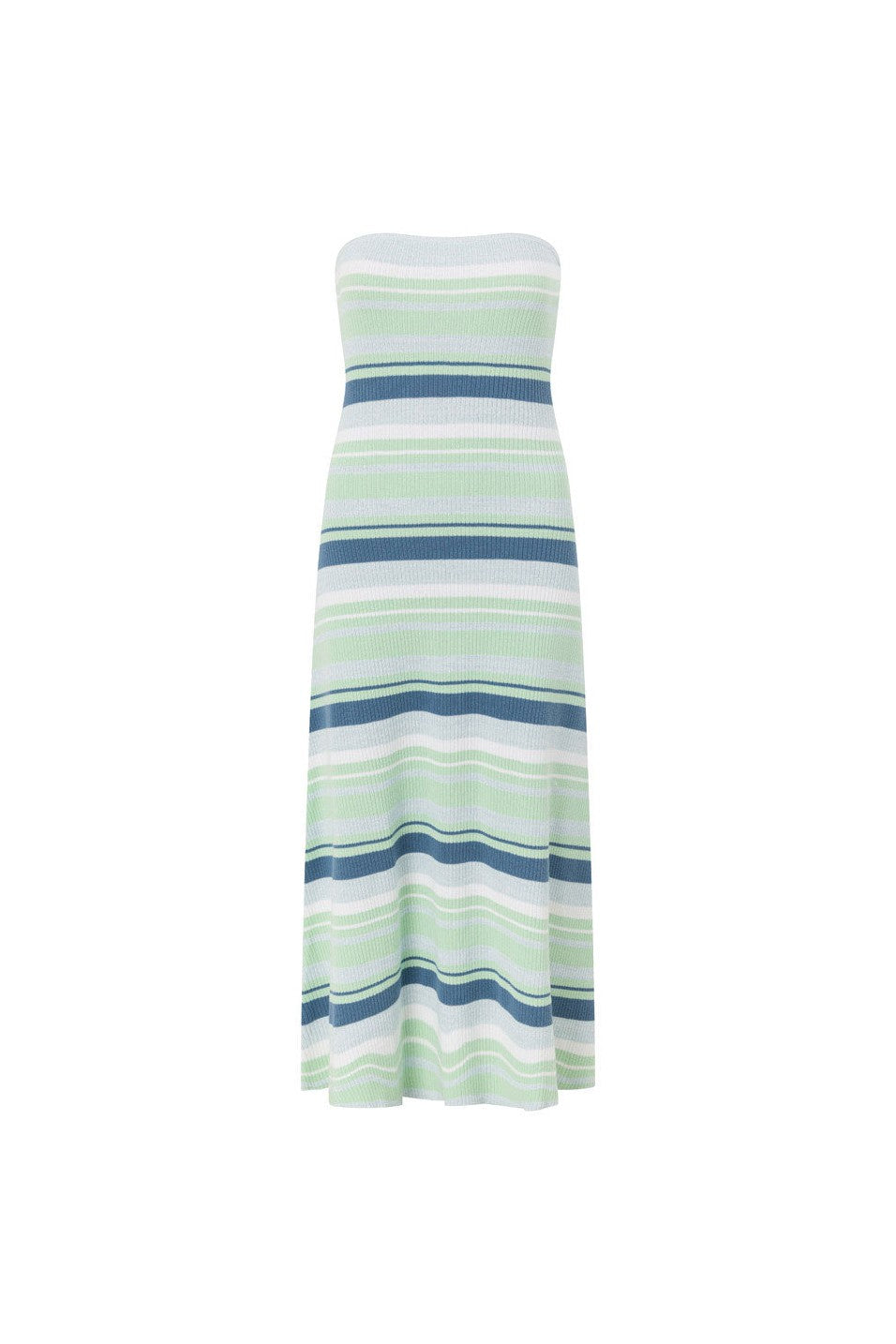 Blue maxi dress with a strapless neckline, front view