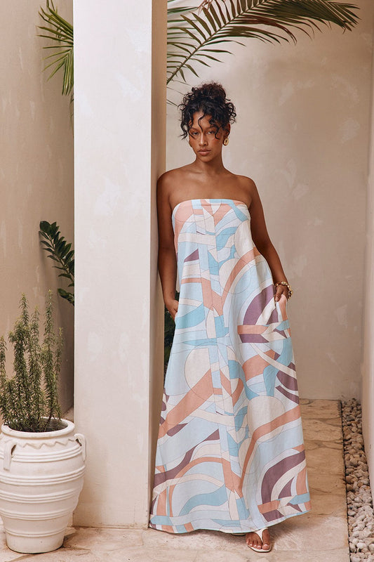 Blue maxi dress with a strapless neckline, front view