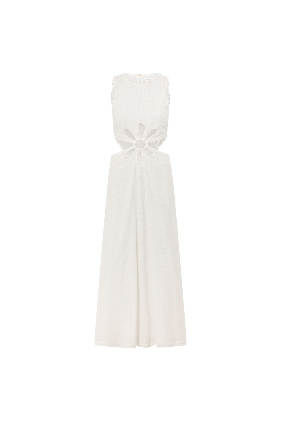 White maxi dress with a sleeveless bodice, side view
