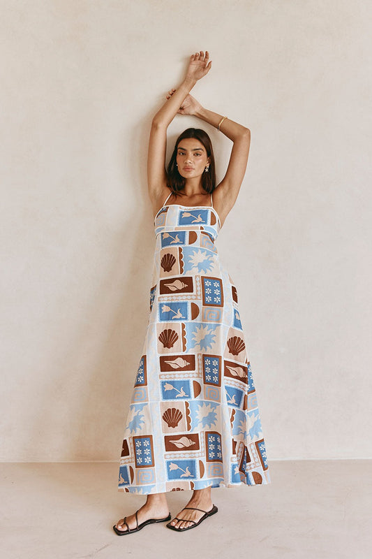 Blue maxi dress with an A-line skirt, front view