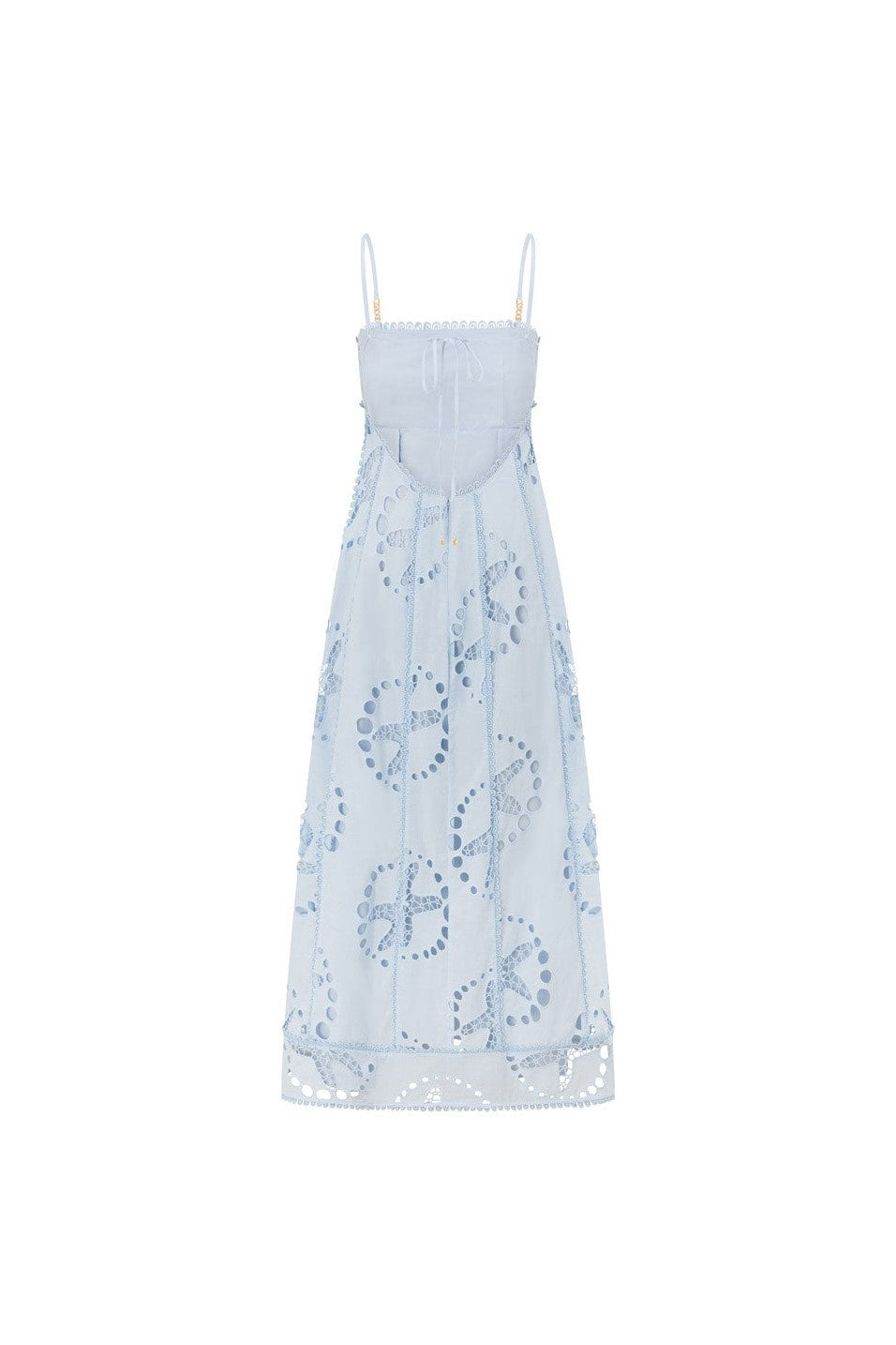 Blue maxi dress with a round neckline, styled on model