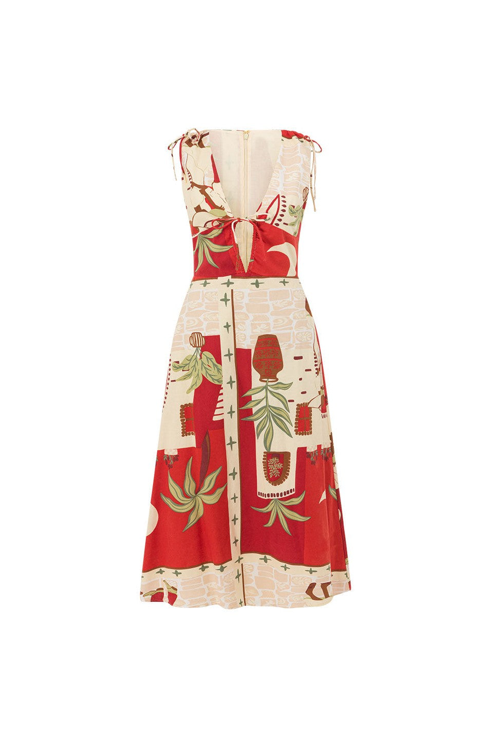 Red maxi dress with a V neckline, side view