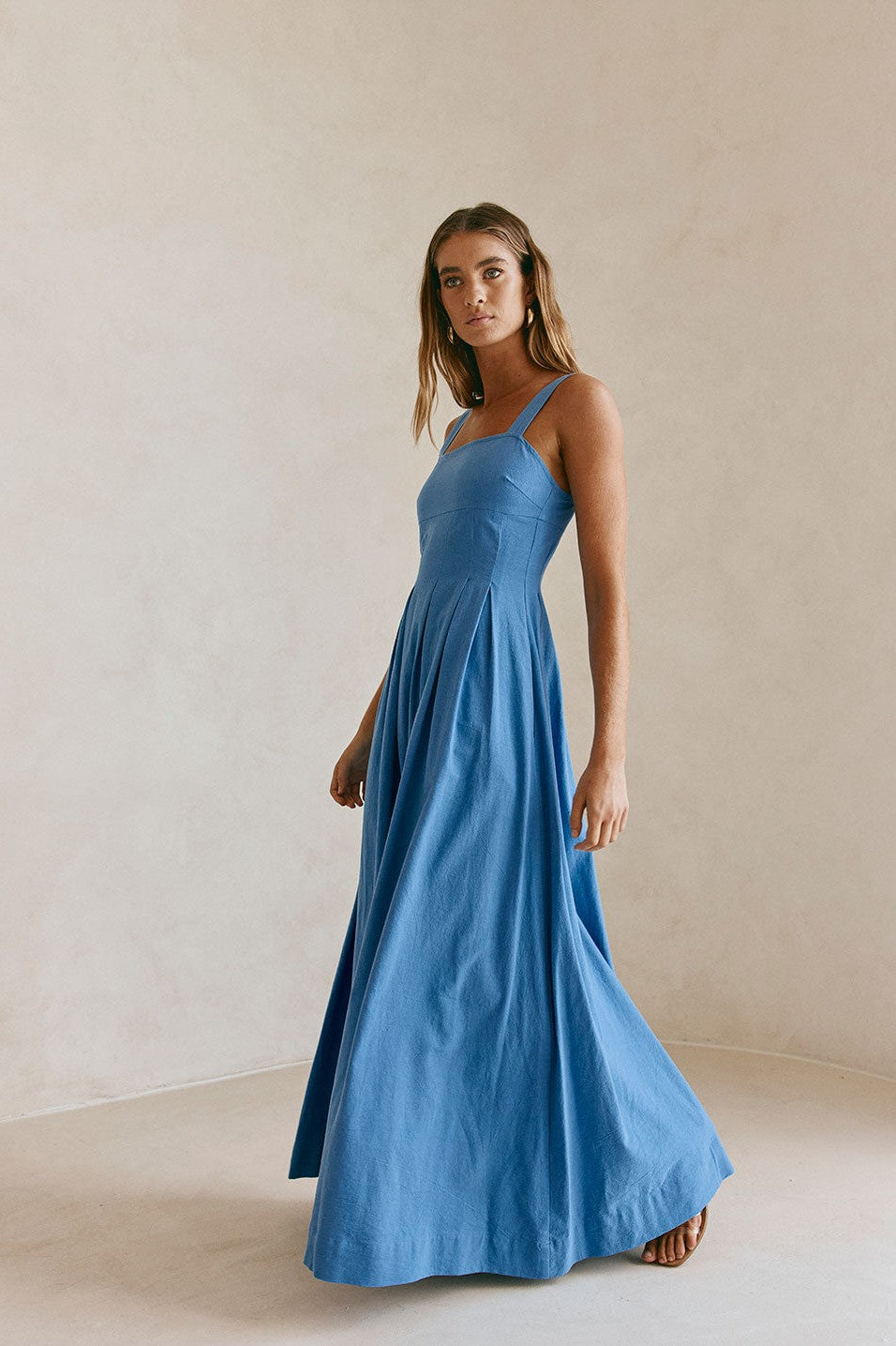 Blue maxi dress, side view