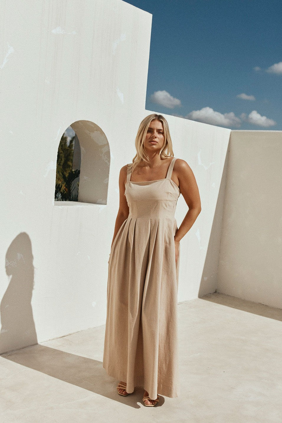 Tan maxi dress, back view