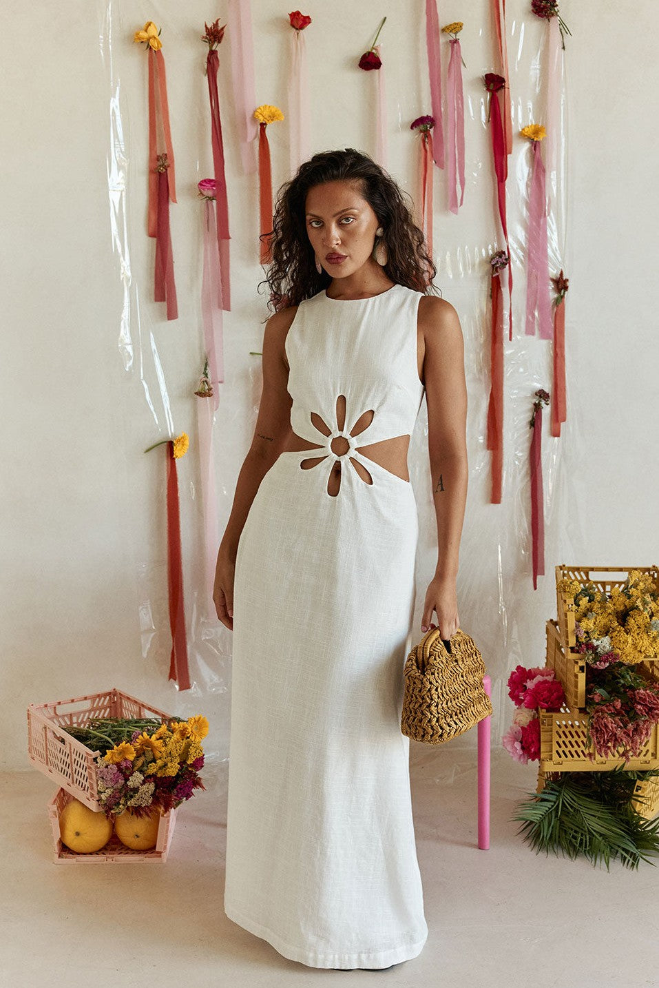 White maxi dress with a sleeveless bodice, back view