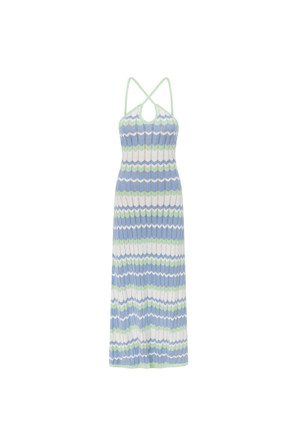 Blue maxi dress with a halter neckline, detail view