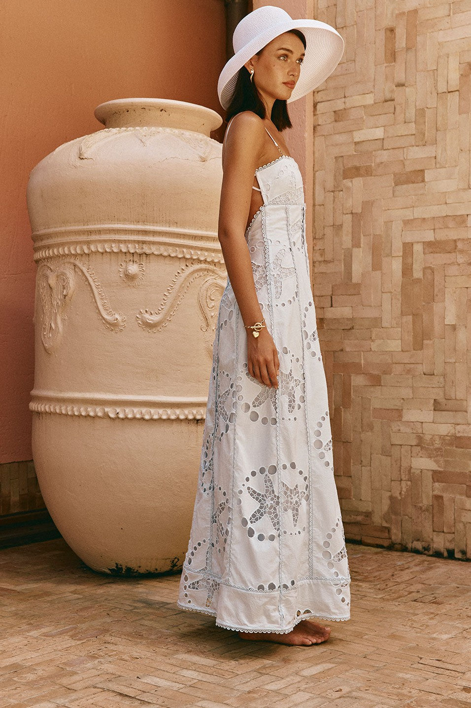 Blue maxi dress with a round neckline, back view