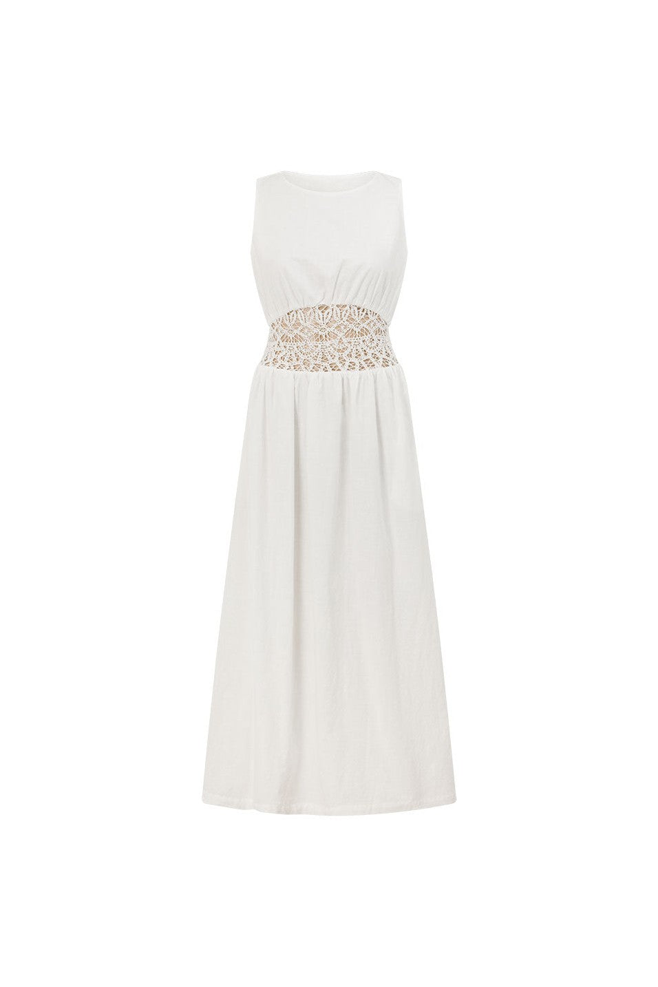 White maxi dress with a strapless neckline, side view