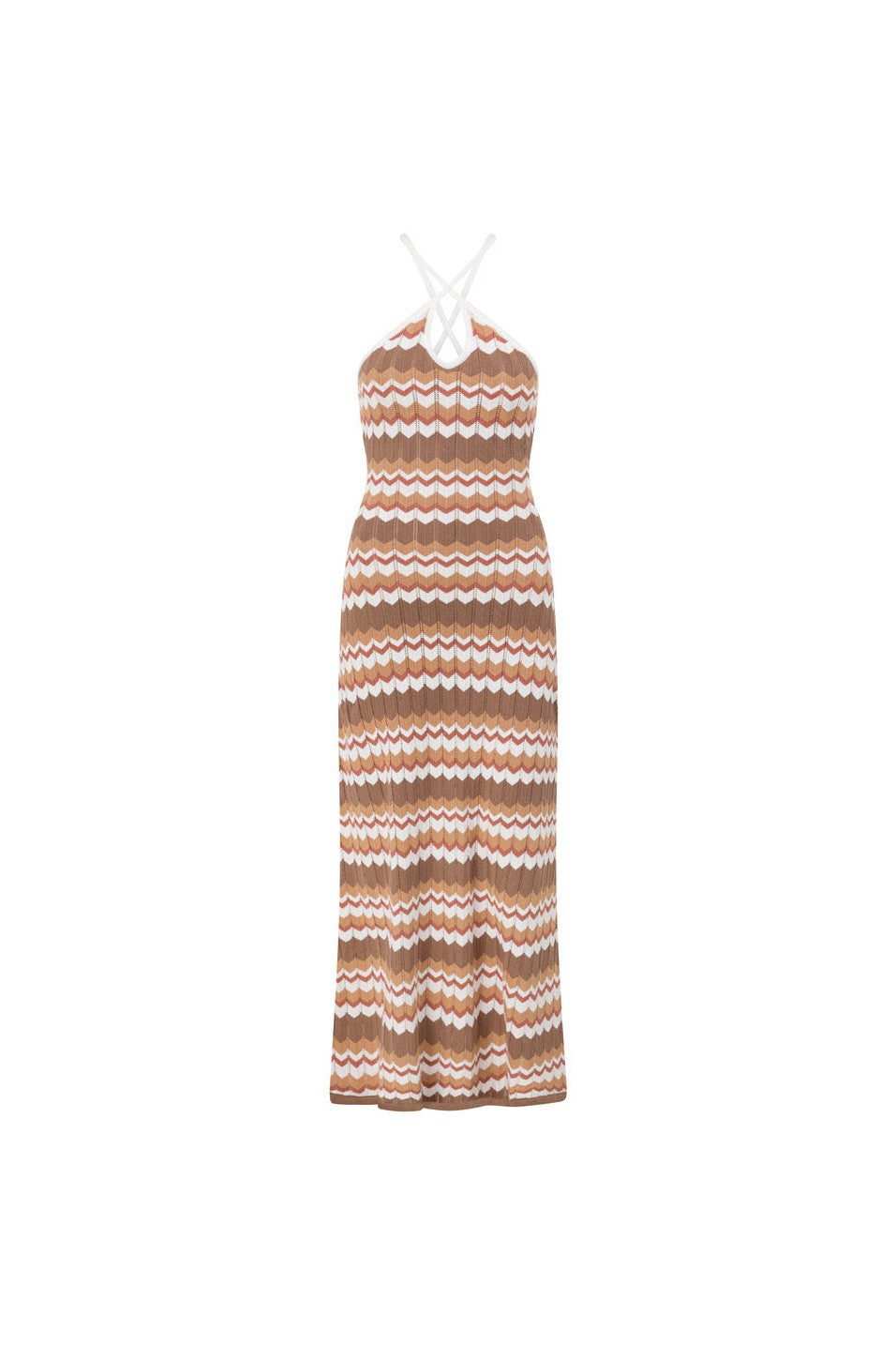 Brown maxi dress with a halter neckline, back view