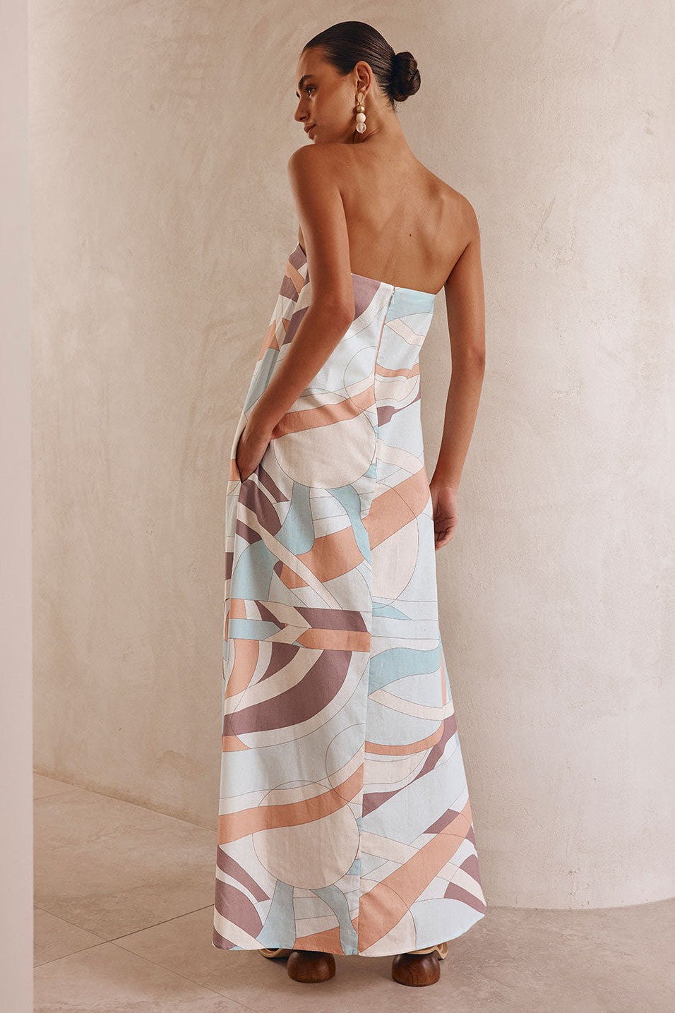 Blue maxi dress with a strapless neckline, front view