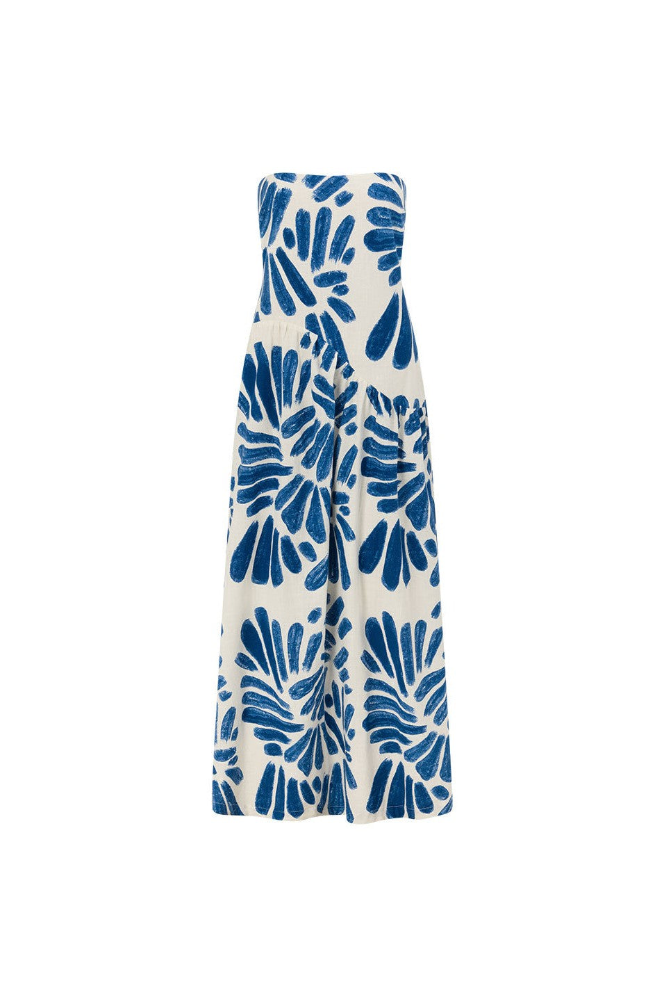 Blue maxi dress with a strapless neckline, front view
