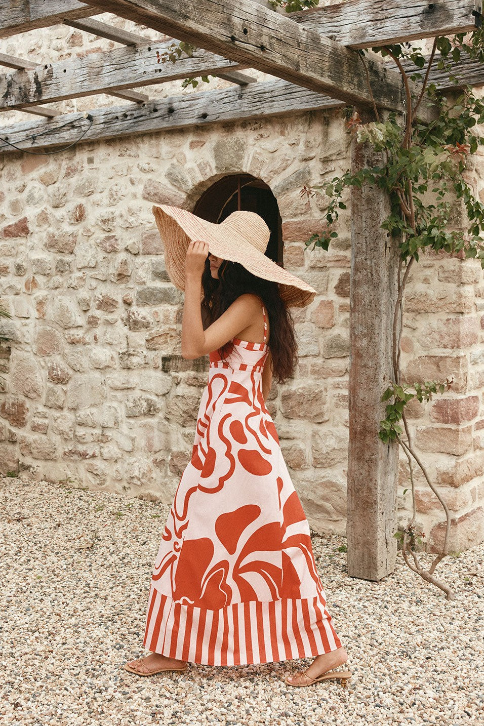Pink maxi dress, styled on model