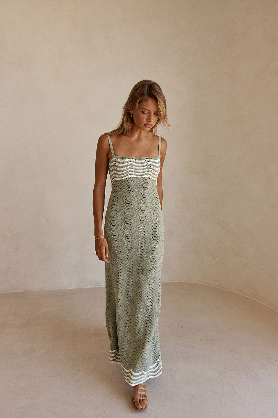 Green maxi dress with a round neckline, front view