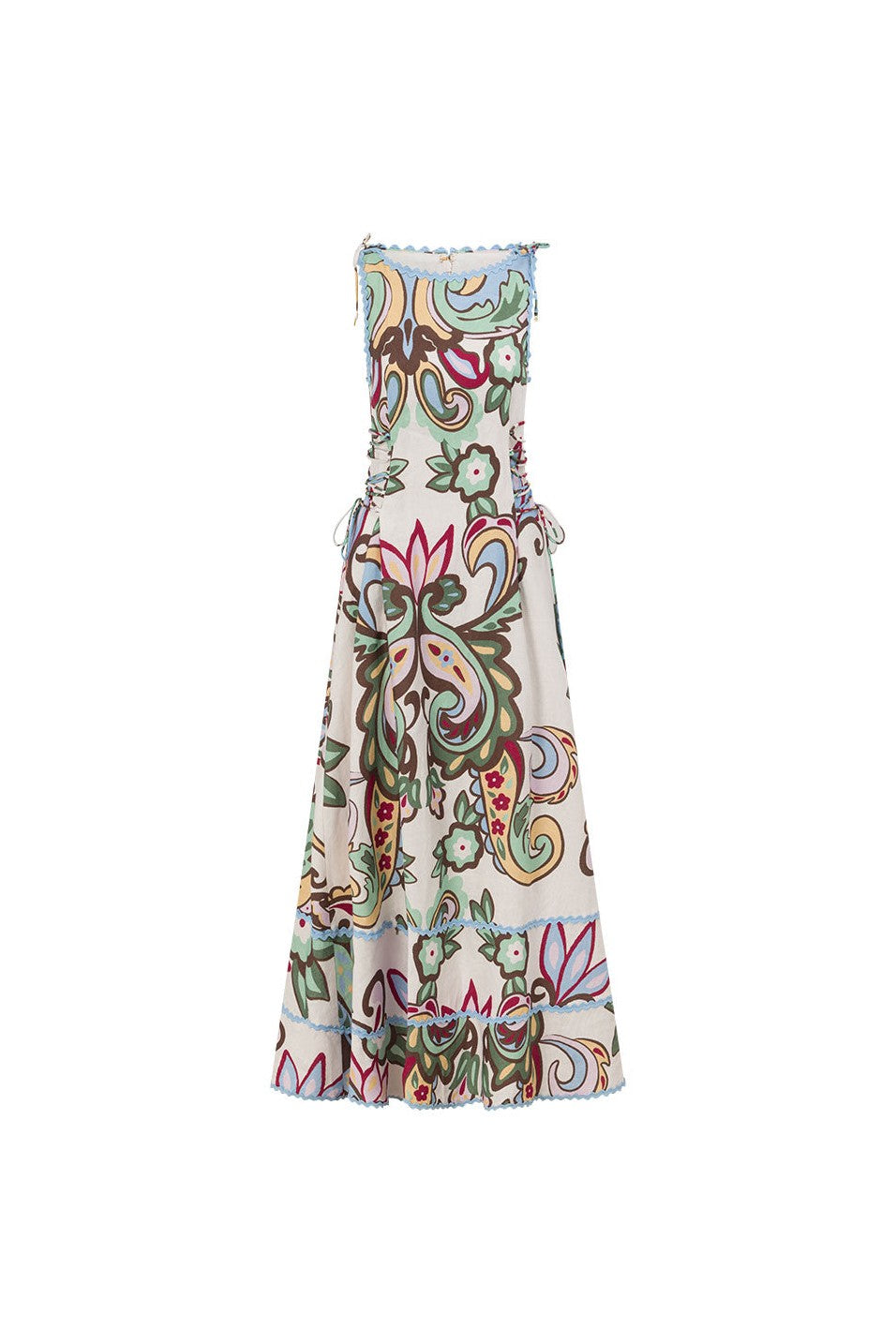 Blue maxi dress with a boat neckline, front view