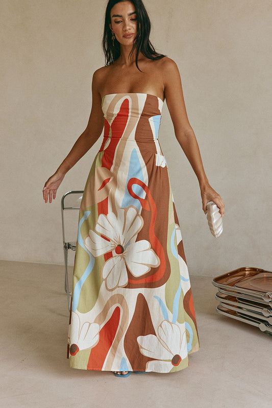 Orange maxi dress with a strapless neckline, front view