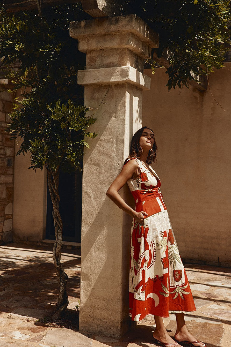 Red maxi dress with a V neckline, front view