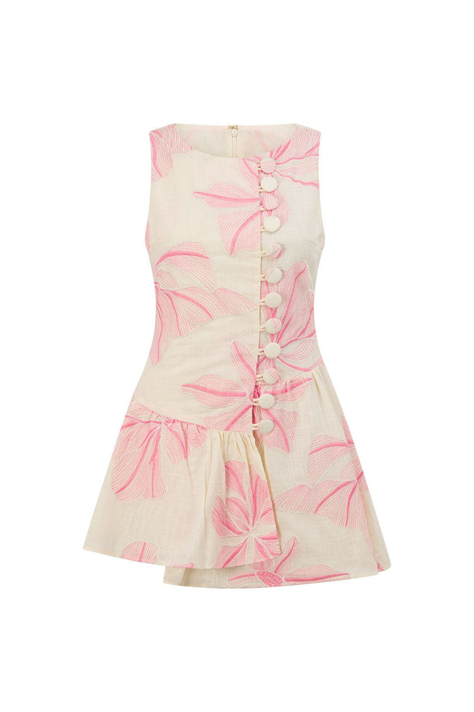 Pink mini dress with a wrap silhouette, side view