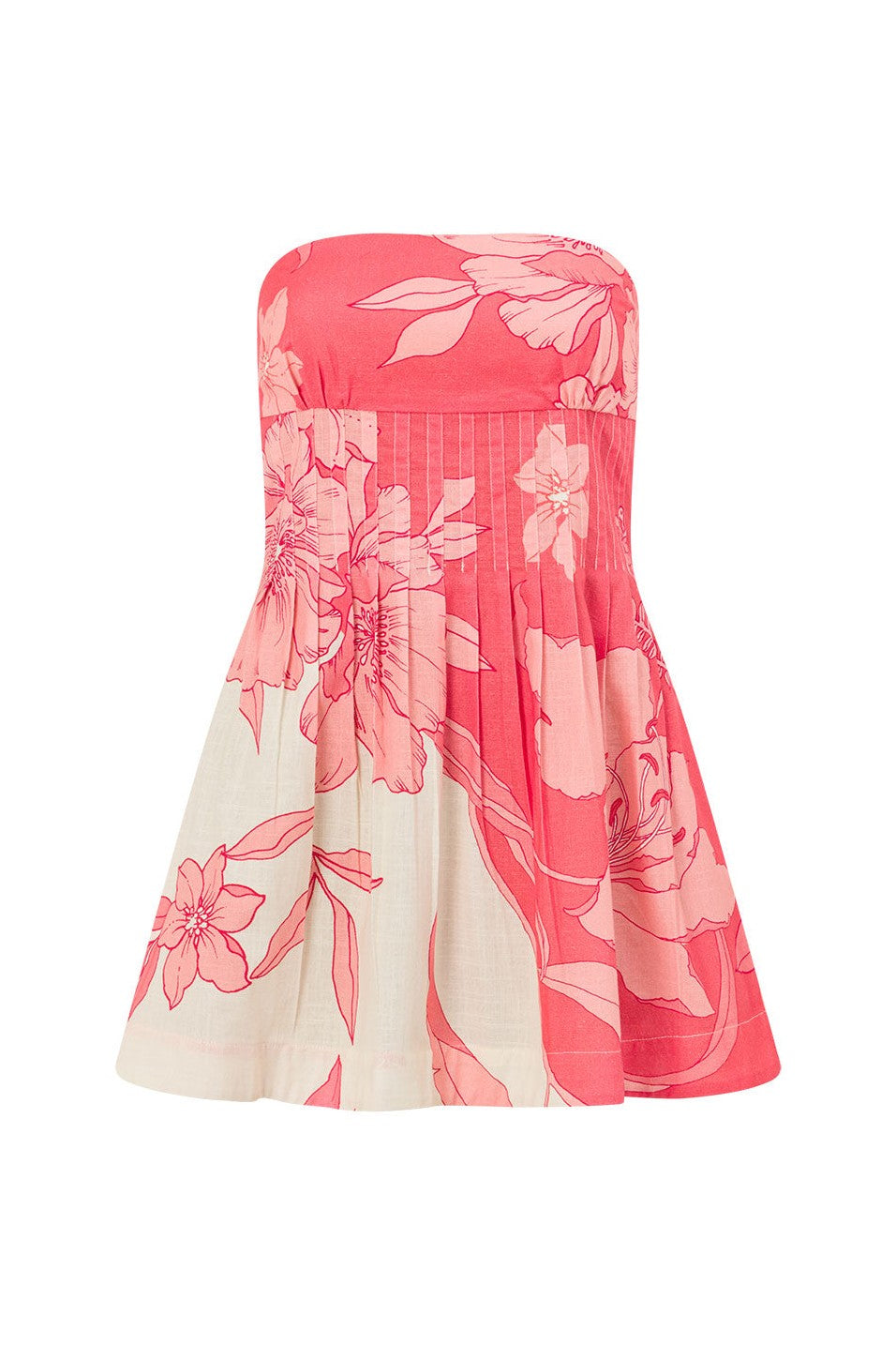 Pink mini dress with a strapless neckline, styled on model