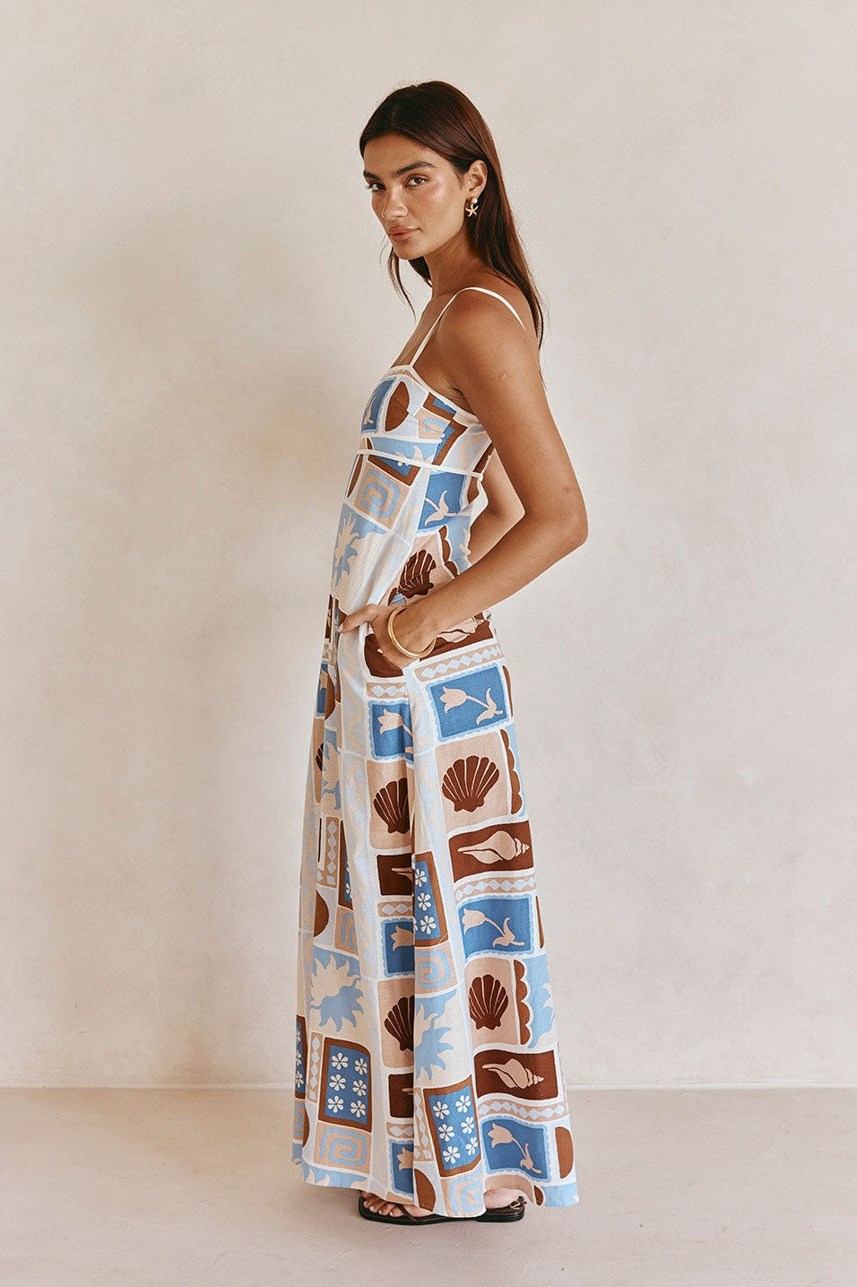 Blue maxi dress with an A-line skirt, detail view
