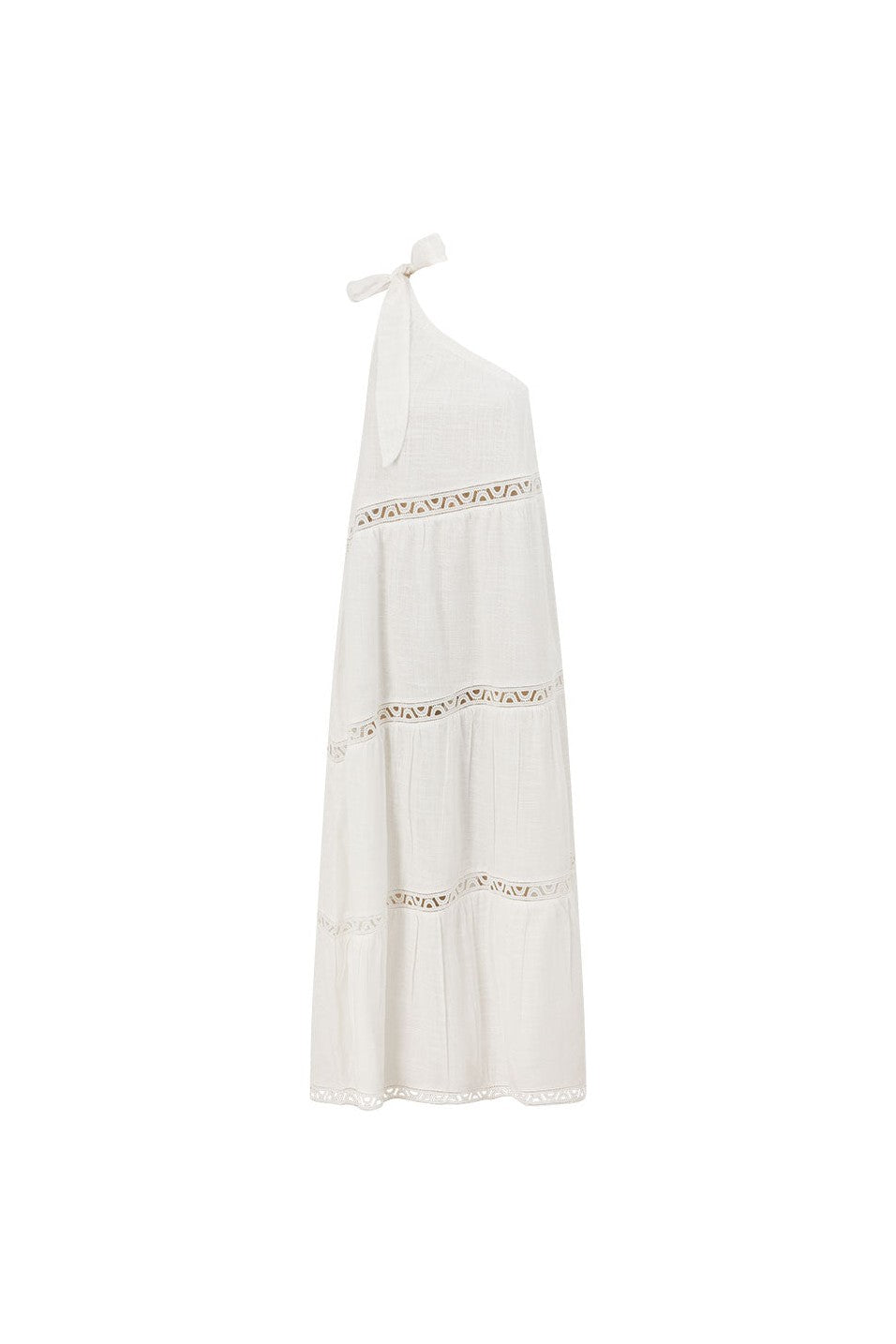White maxi dress with lace trim, side view