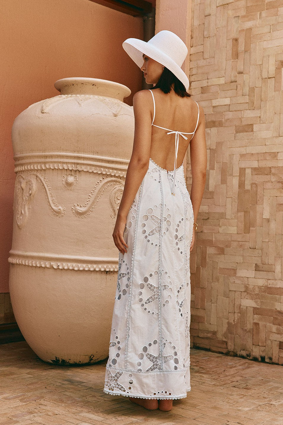 Blue maxi dress with a round neckline, back view
