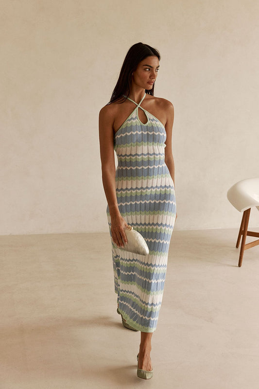 Blue maxi dress with a halter neckline, front view