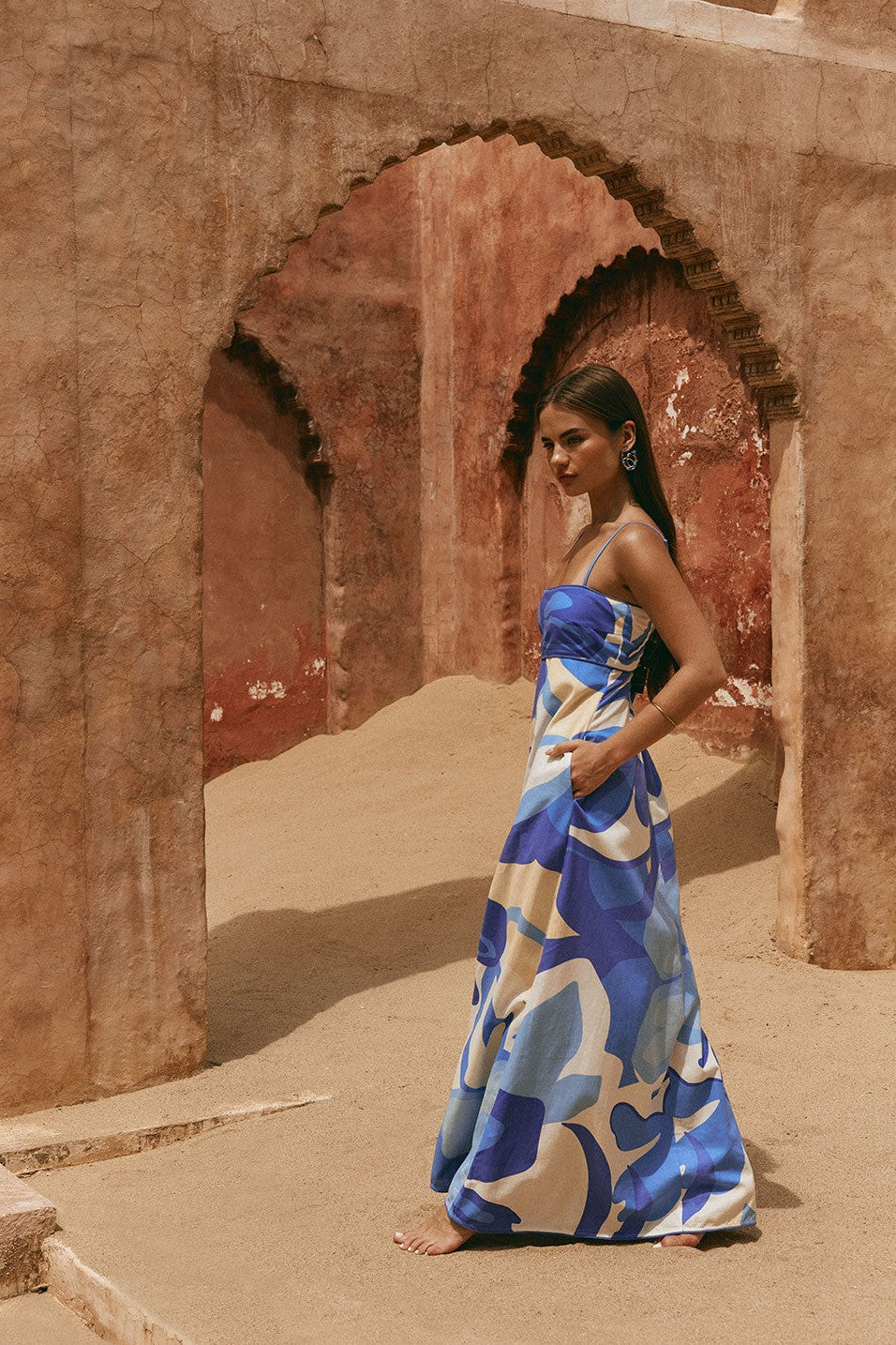 Blue maxi dress with an A-line skirt, detail view
