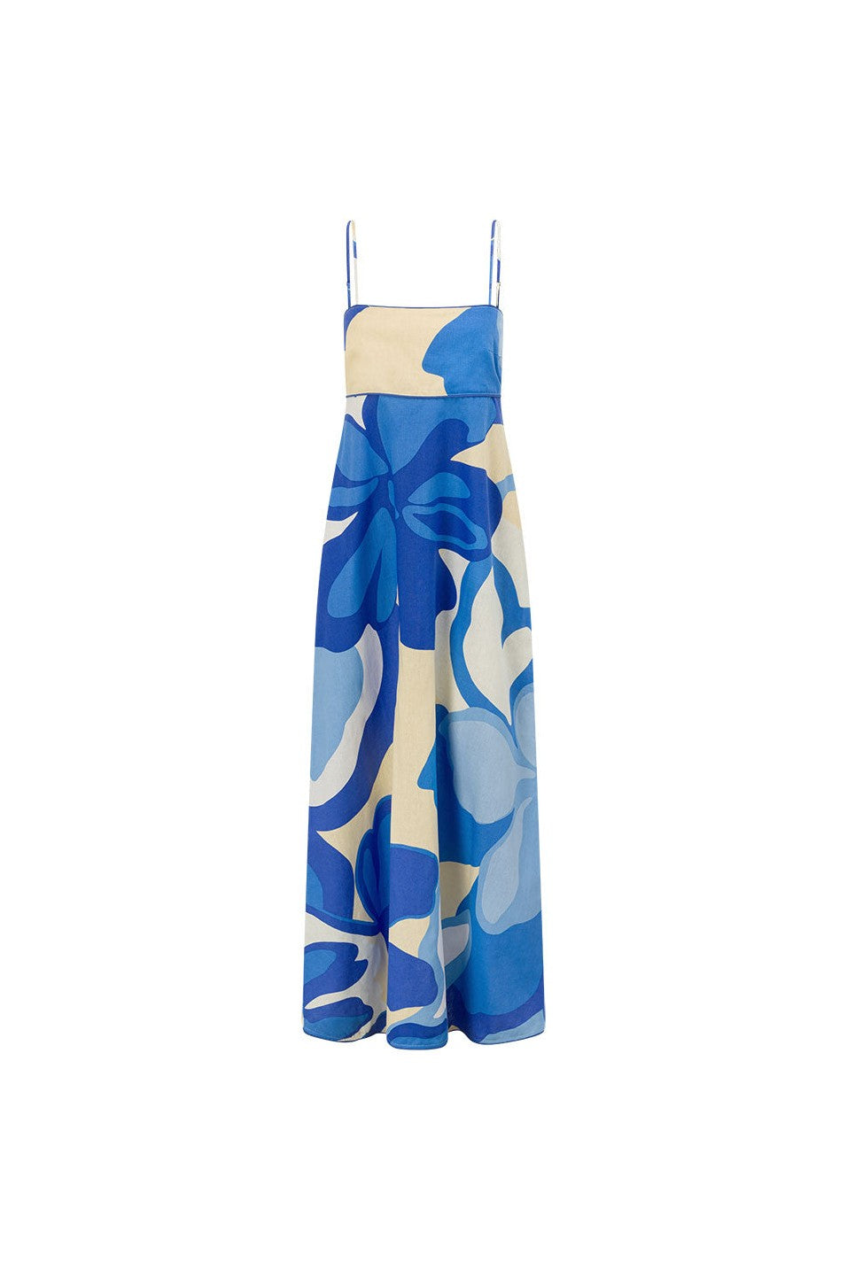 Blue maxi dress with an A-line skirt, detail view